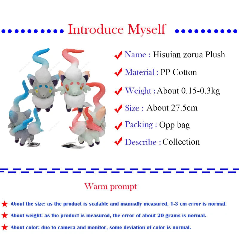 New Arrival Pokemon Plush Shiny Hisuian Zorua Soft Stuffed Animal Toy Anime Hisuian Zorua Plushie Dolls For Kids Birthday Gifts