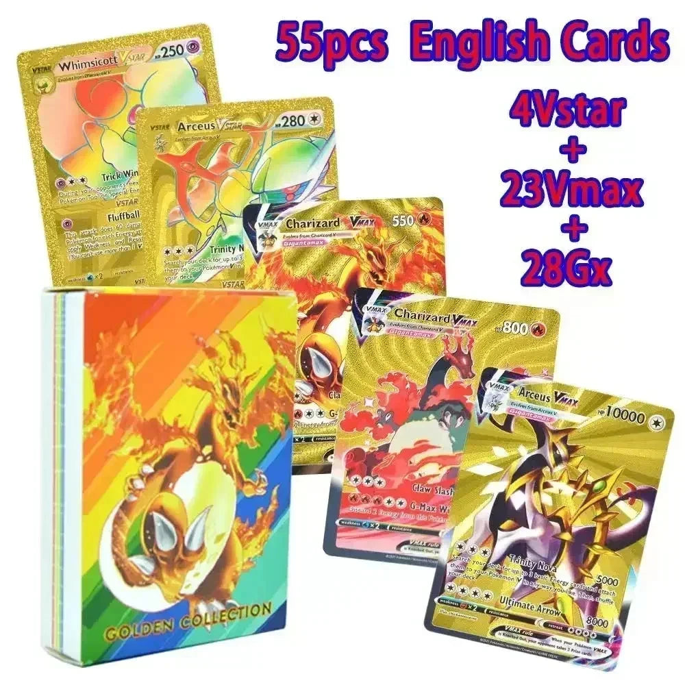 Pokemon Colorful Card 55 Pcs Charizard Mewtwo Pikachu VMAX GX VSTAR Spanish English German Korean French Gold Foil Card
