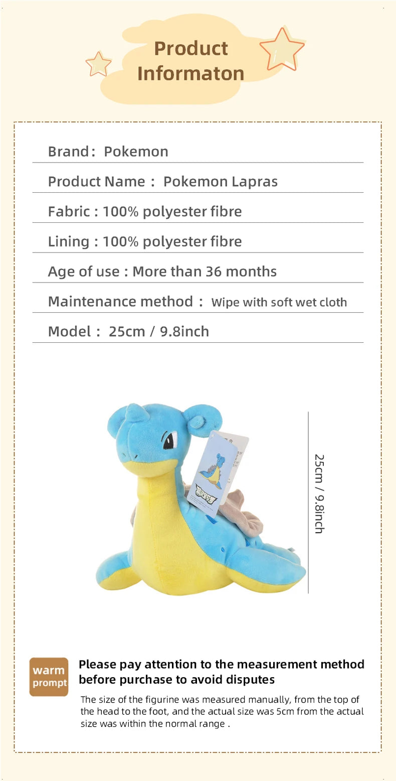 Kawaii Pokemon Lapras Stuffed Toys Cartoon Cute Water Sprit Plush Dolls Throw Pillow Birthday Gift For Kids Friends Boys