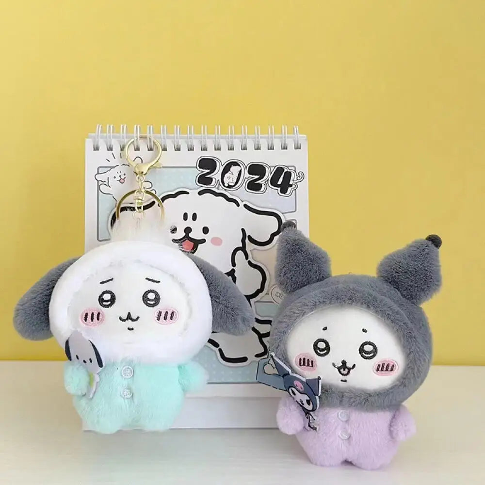 Random One Chiikawa Cosplay Sanrio Plush Doll Keychain Hello Kitty Kuromi Head Cover Usagi Cartoon Doll Keychains Bag Pendants