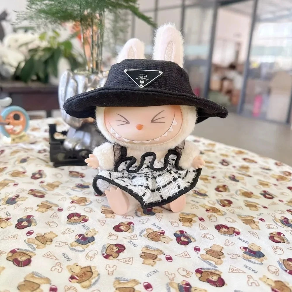 For 17cm Labubu Doll Clothes Set V1 V2 Doll Clothing Accessories Black & White Simple Fragrant Skirt & Hat Outfit