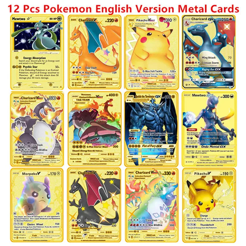 6-12 Pcs/Set English Version Pokemon Metal Card Pikachu Anime Figure Battle Carte Trading Pocket Monster Cards Model Toy Gifts