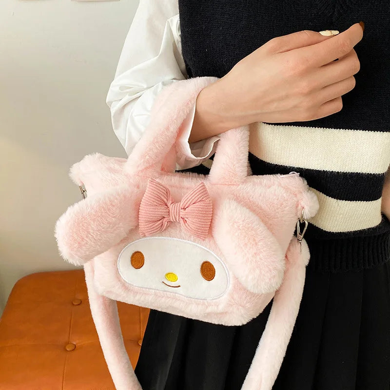 MINISO Sanrio Plush Bag Kawaii Kuromi Cinnamoroll Melody Cartoon Anime Handbag Crossbody Cosmetic Travel Storage Bags