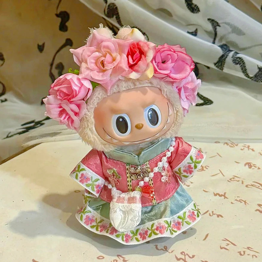 For 17cm Labubu Dolls Accessories DIY Doll Clothes Heartbeat Long Eared Furry Rabbit Costume Cartoon Dress Up Labubu Outfit