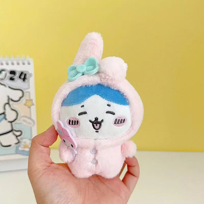 Random One Chiikawa Cosplay Sanrio Plush Doll Keychain Hello Kitty Kuromi Head Cover Usagi Cartoon Doll Keychains Bag Pendants