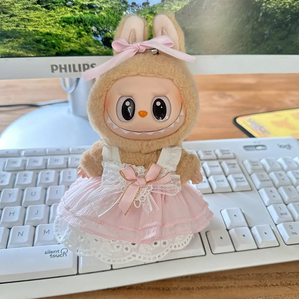 17cm Mini Plush Doll'S Clothes Outfit Accessories For Korea Kpop Labubu Idol Pink bright silk bow princess gauze skirt Clothing