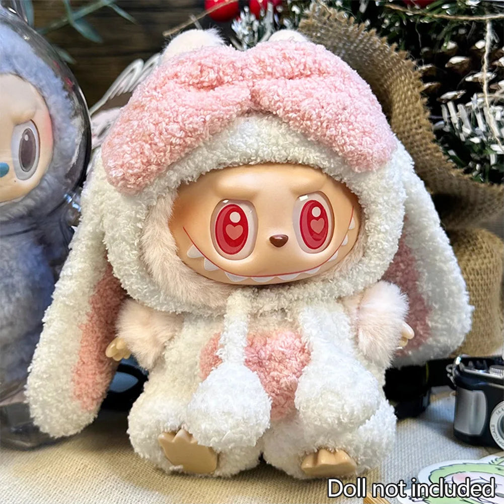 For 17cm Labubu Dolls Accessories DIY Doll Clothes Heartbeat Long Eared Furry Rabbit Costume Cartoon Dress Up Labubu Outfit