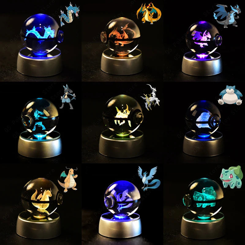 Pokemon 3D Crystal Ball Pikachu Gengar Mew Mewtwo Figurines Lamp Base Pokeball 3D Pokemon Glass Ball Statue Kids Birthday Gift