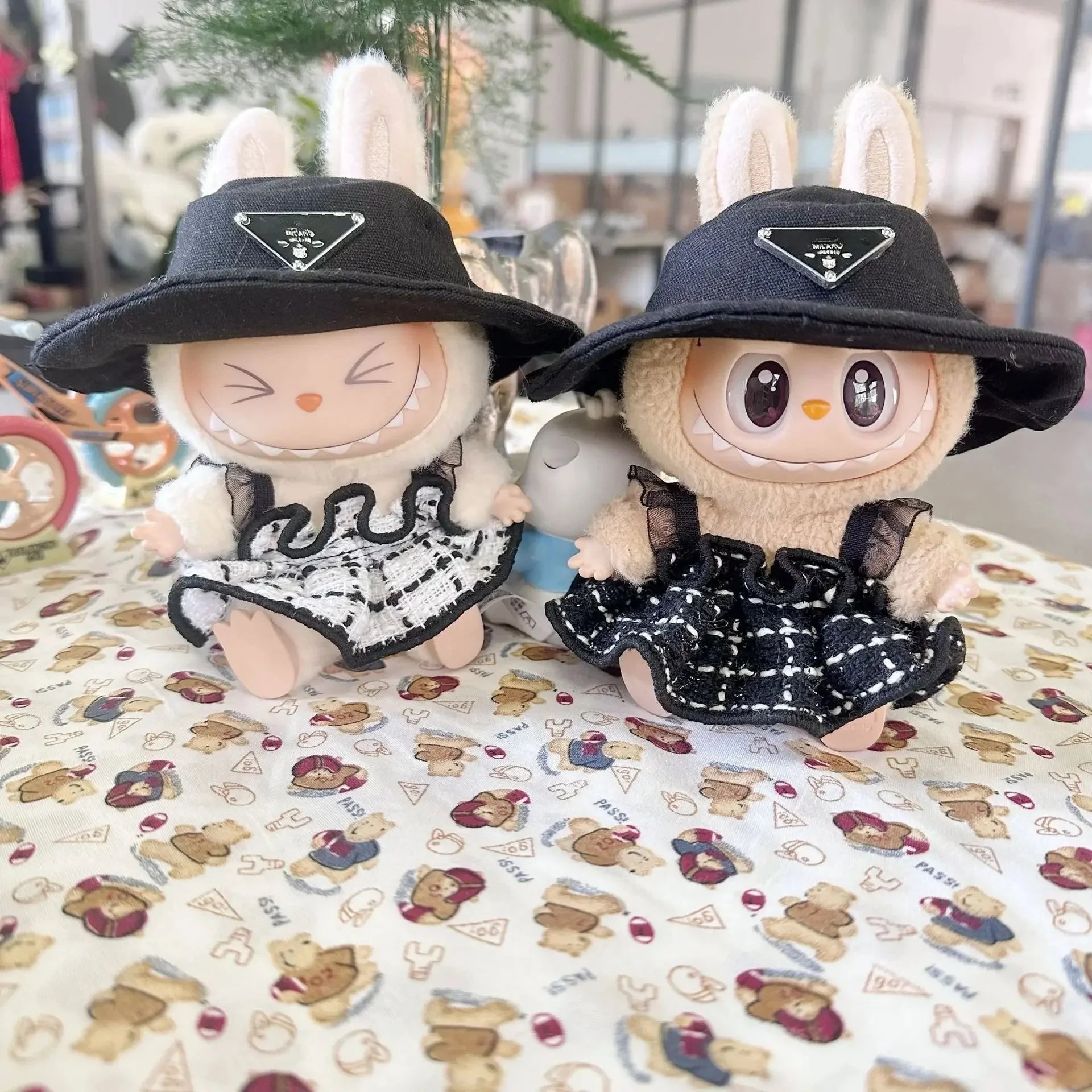 For 17cm Labubu Doll Clothes Set V1 V2 Doll Clothing Accessories Black & White Simple Fragrant Skirt & Hat Outfit