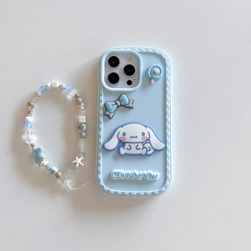 3D Cute Cartoon Sanrio Cinnamoroll Balloon bow Phone Case For iPhone 16 15 14 13 Pro Max dustproof Soft Cover With Lanyard