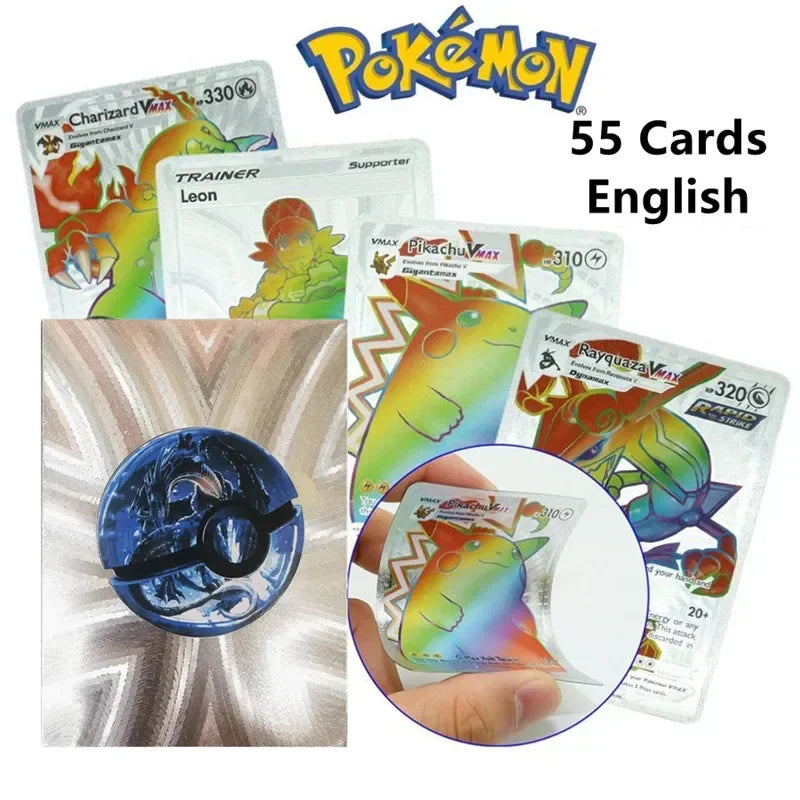 55Pcs/box Rainbow Pokemon Gold Cards Vmax GX EX Silver Black Flash Cards English Battle Trainer Booster Game Card