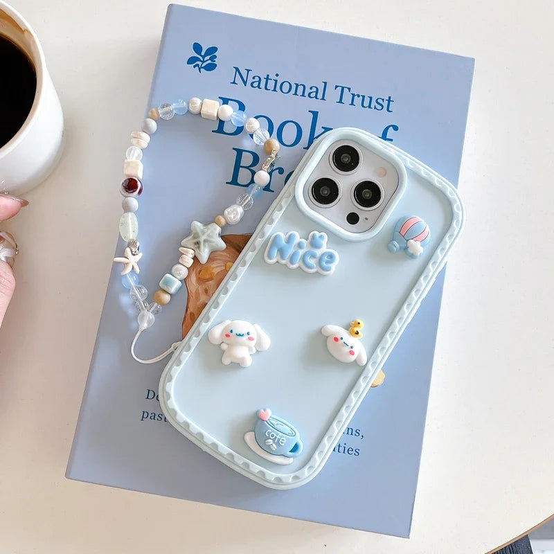 3D Cute Cartoon Sanrio Cinnamoroll Balloon bow Phone Case For iPhone 16 15 14 13 Pro Max dustproof Soft Cover With Lanyard
