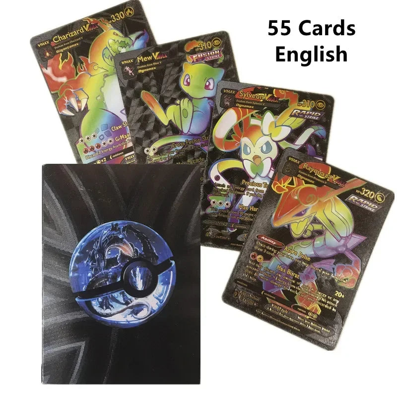 55Pcs/box Rainbow Pokemon Gold Cards Vmax GX EX Silver Black Flash Cards English Battle Trainer Booster Game Card