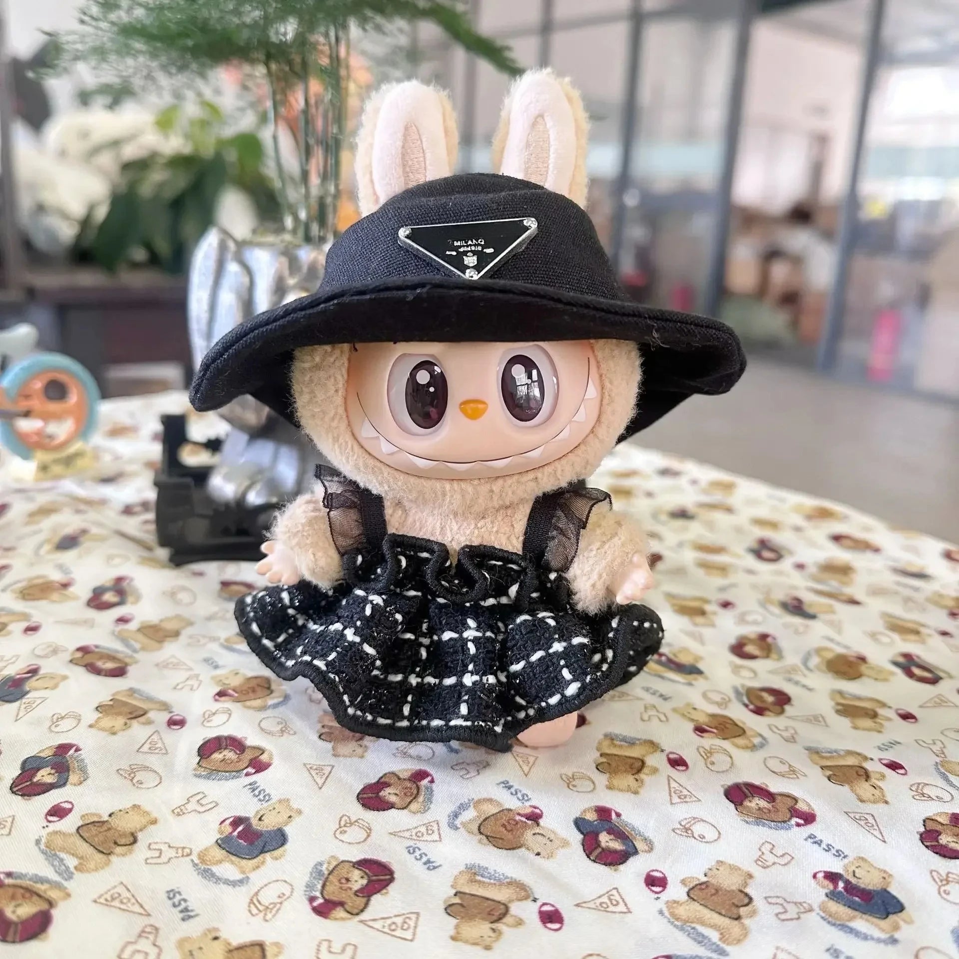 For 17cm Labubu Doll Clothes Set V1 V2 Doll Clothing Accessories Black & White Simple Fragrant Skirt & Hat Outfit