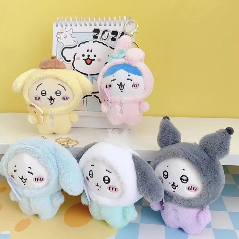 Random One Chiikawa Cosplay Sanrio Plush Doll Keychain Hello Kitty Kuromi Head Cover Usagi Cartoon Doll Keychains Bag Pendants