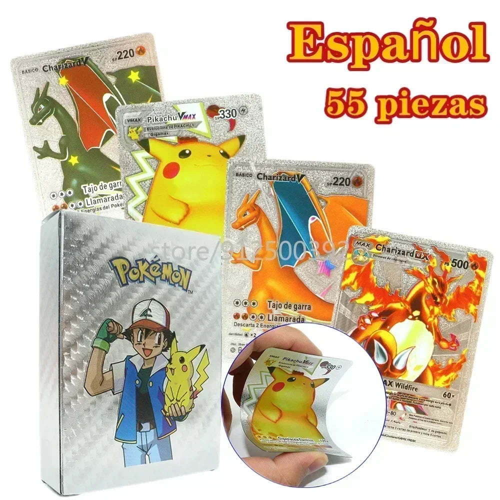 Pokemon Colorful Card 55 Pcs Charizard Mewtwo Pikachu VMAX GX VSTAR Spanish English German Korean French Gold Foil Card