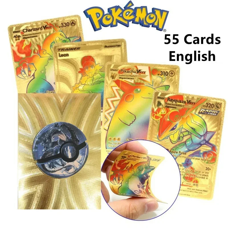 55Pcs/box Rainbow Pokemon Gold Cards Vmax GX EX Silver Black Flash Cards English Battle Trainer Booster Game Card