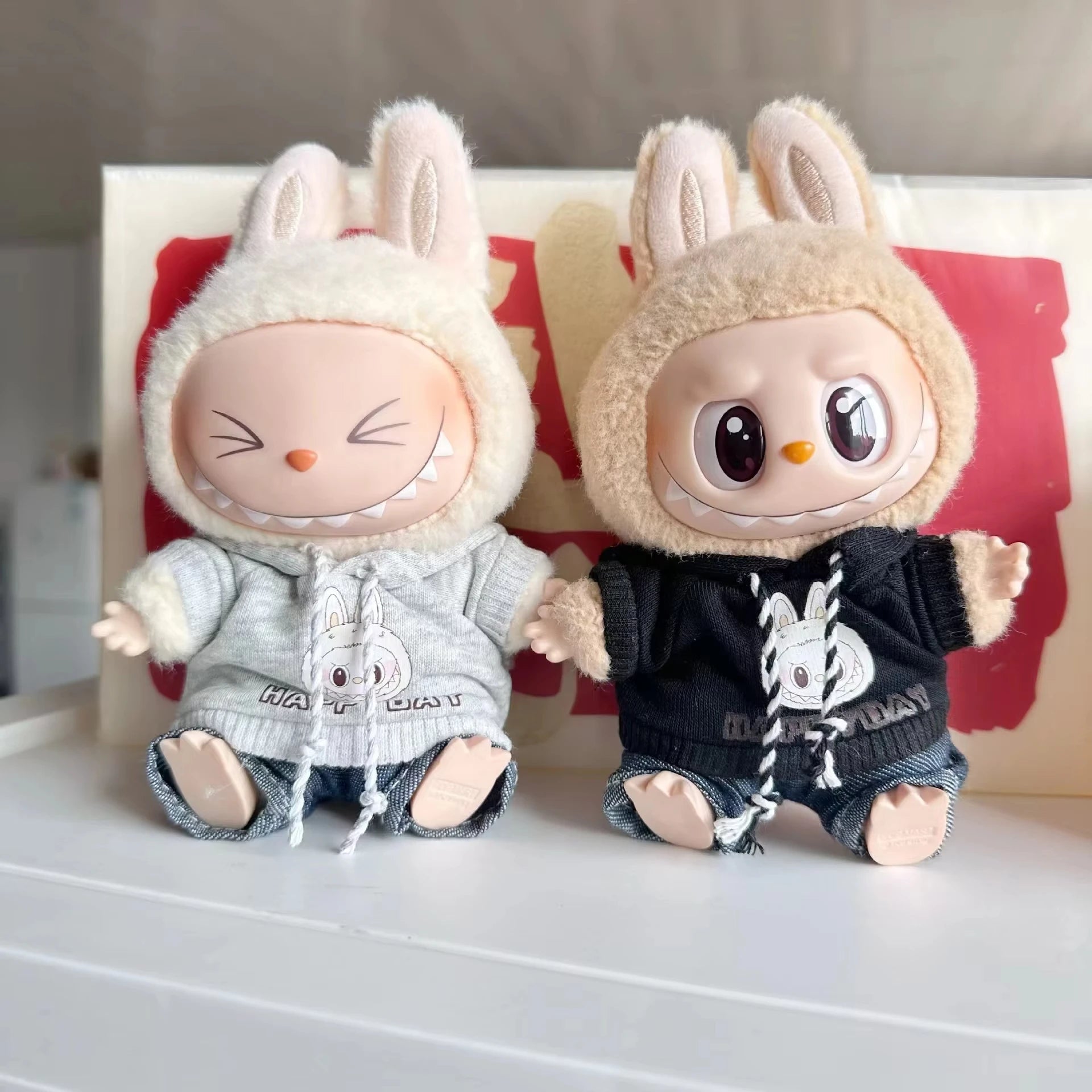 17cm Labubu I II Idol Dolls Cute Mini Plush Doll'S Clothes Korea Kpop Exo Idol Dolls DIY Accessories Gifts Bear Hoodie Set