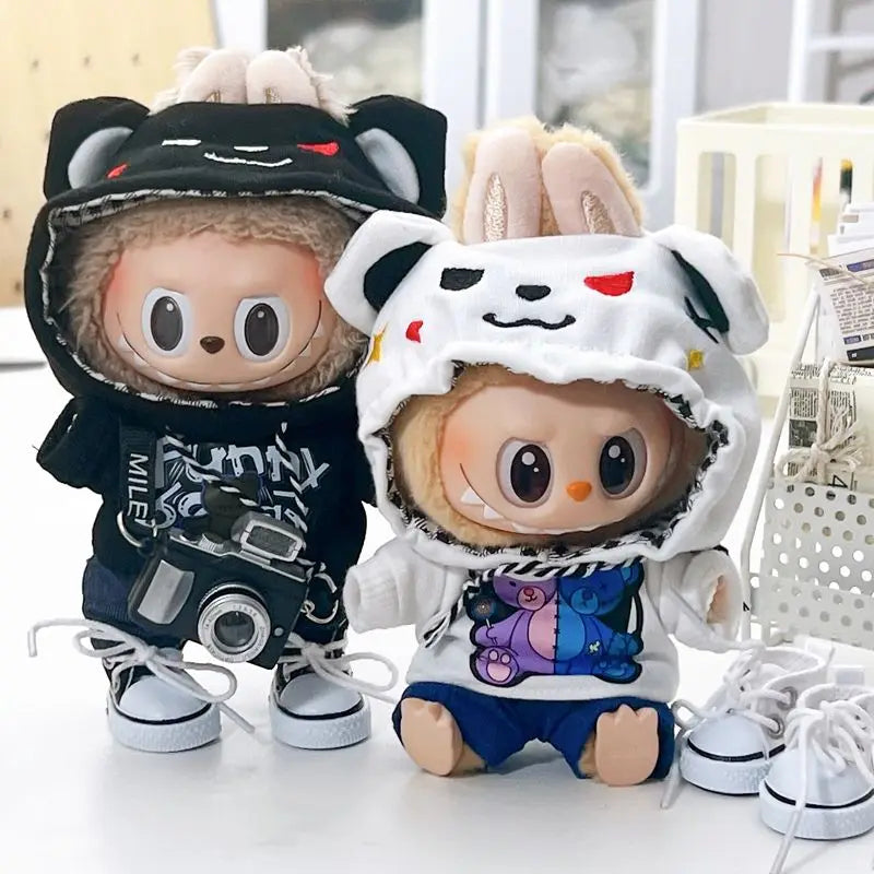 17cm Labubu I II Idol Dolls Cute Mini Plush Doll'S Clothes Korea Kpop Exo Idol Dolls DIY Accessories Gifts Bear Hoodie Set