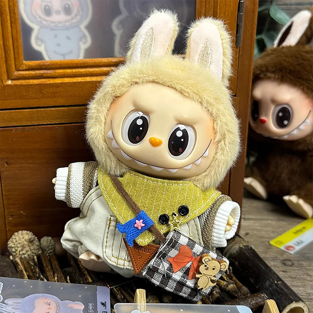 For 17cm Labubu Dolls Accessories DIY Doll Clothes Heartbeat Long Eared Furry Rabbit Costume Cartoon Dress Up Labubu Outfit