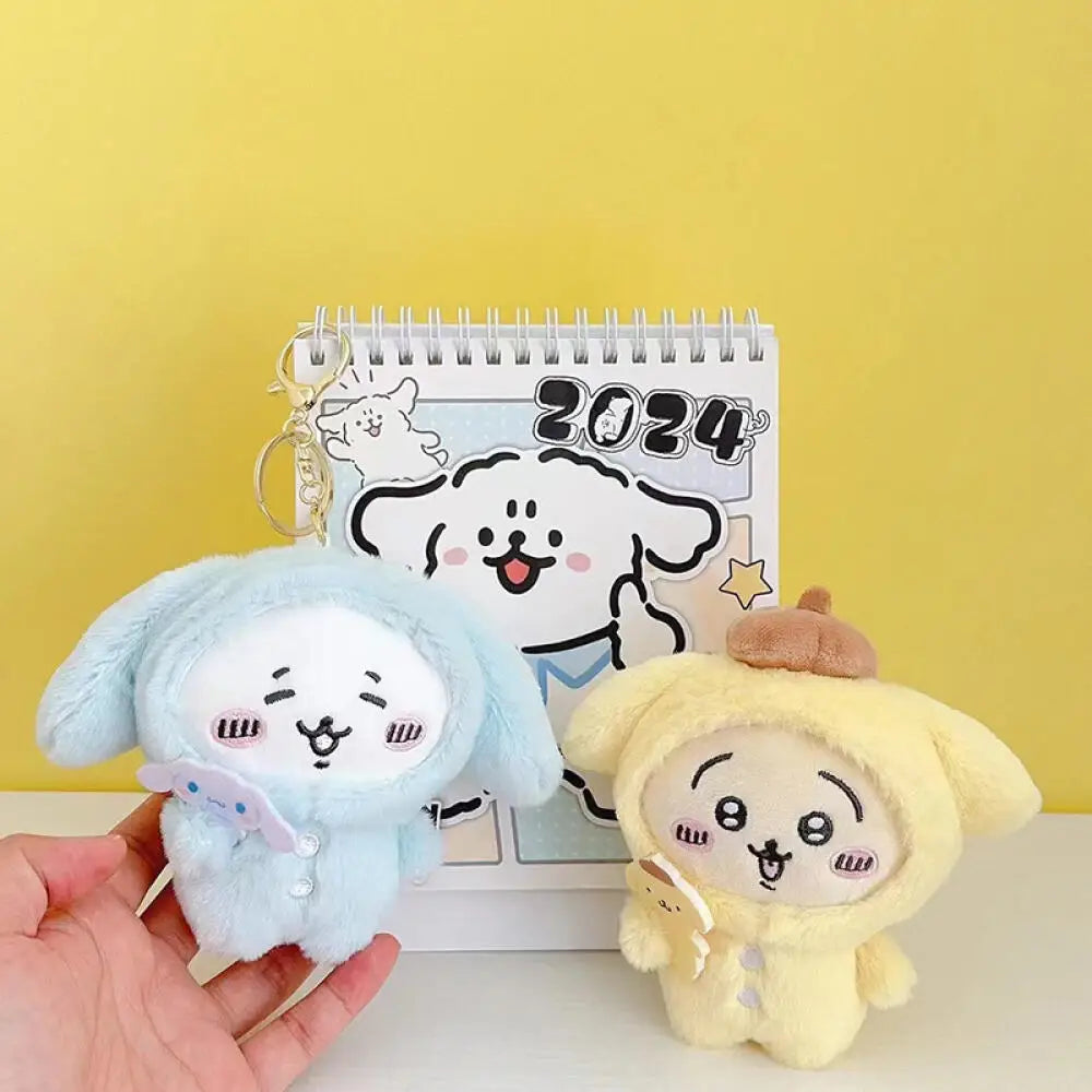 Random One Chiikawa Cosplay Sanrio Plush Doll Keychain Hello Kitty Kuromi Head Cover Usagi Cartoon Doll Keychains Bag Pendants