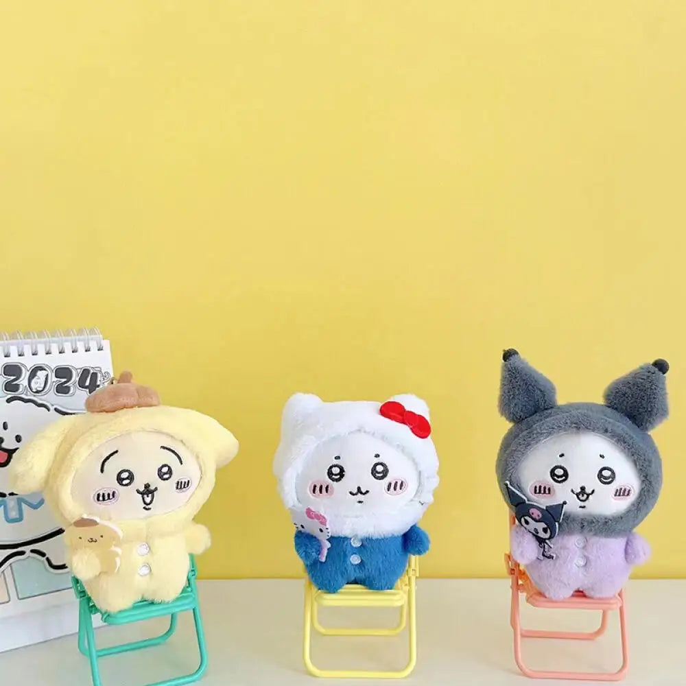 Random One Chiikawa Cosplay Sanrio Plush Doll Keychain Hello Kitty Kuromi Head Cover Usagi Cartoon Doll Keychains Bag Pendants