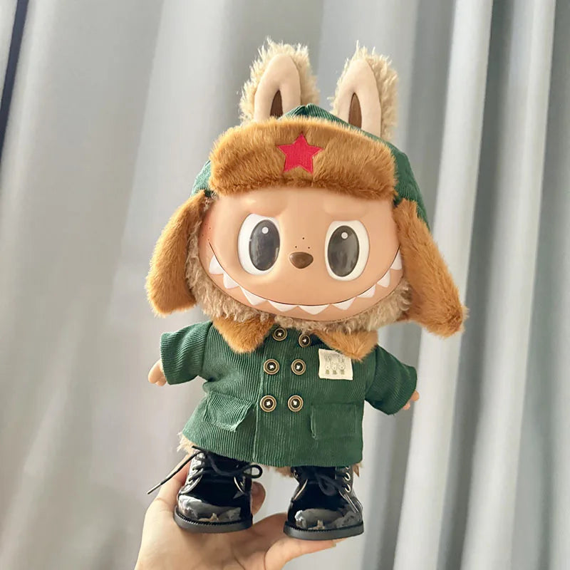 17cm Plush Doll's Clothes The Monster Labubu Outfit Accessories Clothing DIY Lei Feng Army Green Coat Red Star Hat