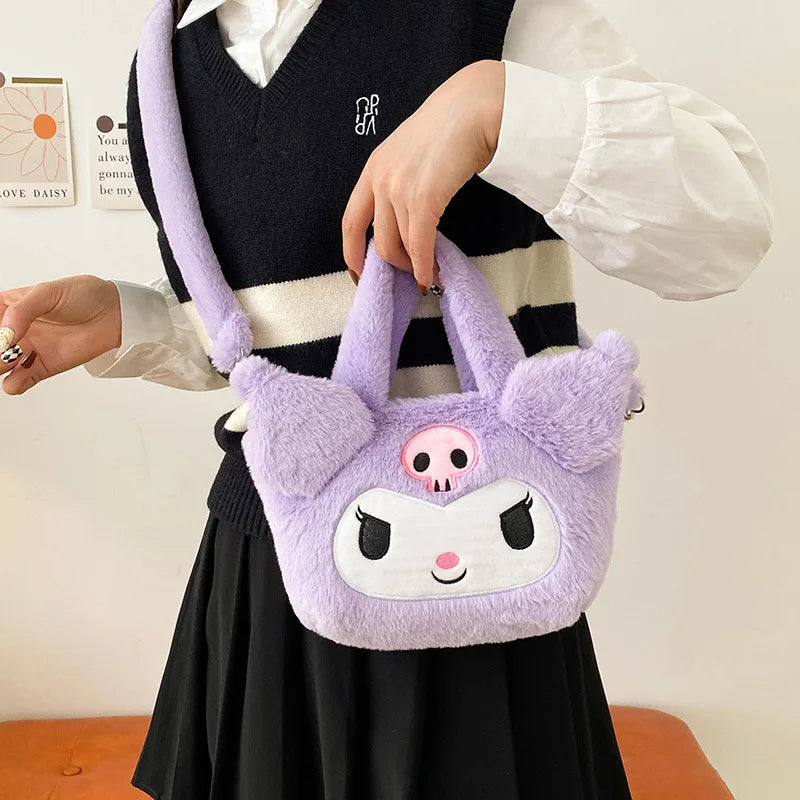 MINISO Sanrio Plush Bag Kawaii Kuromi Cinnamoroll Melody Cartoon Anime Handbag Crossbody Cosmetic Travel Storage Bags