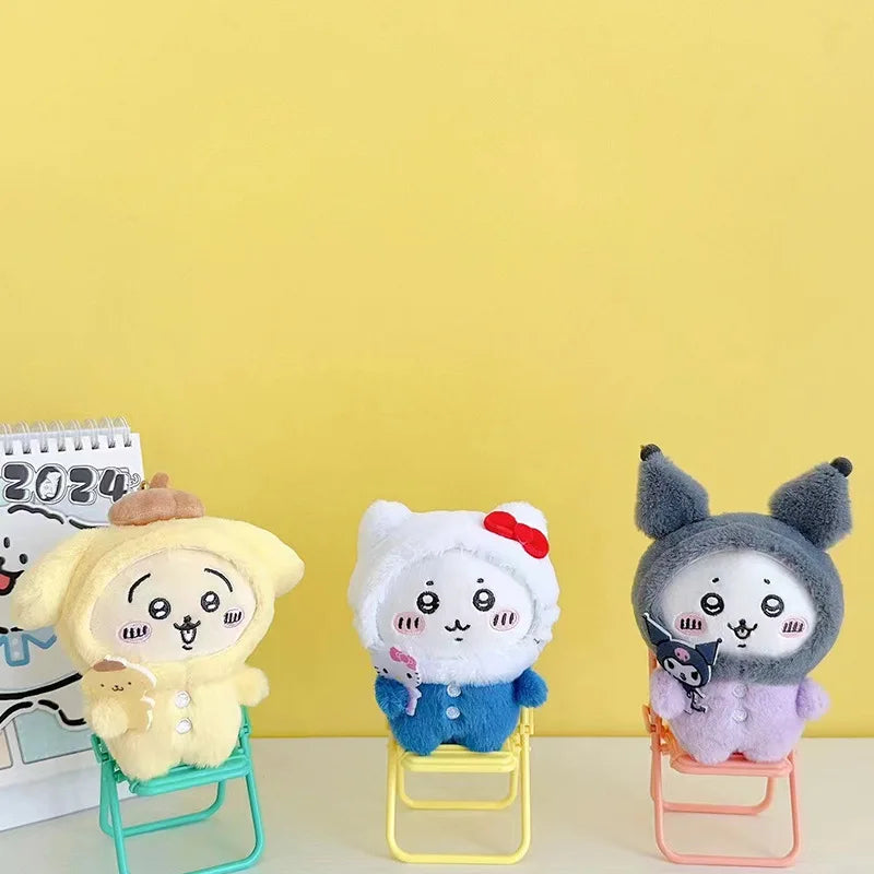 Random One Chiikawa Cosplay Sanrio Plush Doll Keychain Hello Kitty Kuromi Head Cover Usagi Cartoon Doll Keychains Bag Pendants