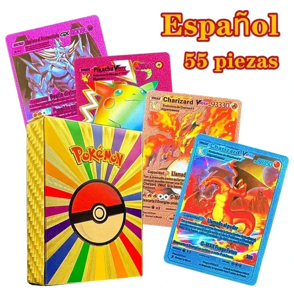 Pokemon Colorful Card 55 Pcs Charizard Mewtwo Pikachu VMAX GX VSTAR Spanish English German Korean French Gold Foil Card
