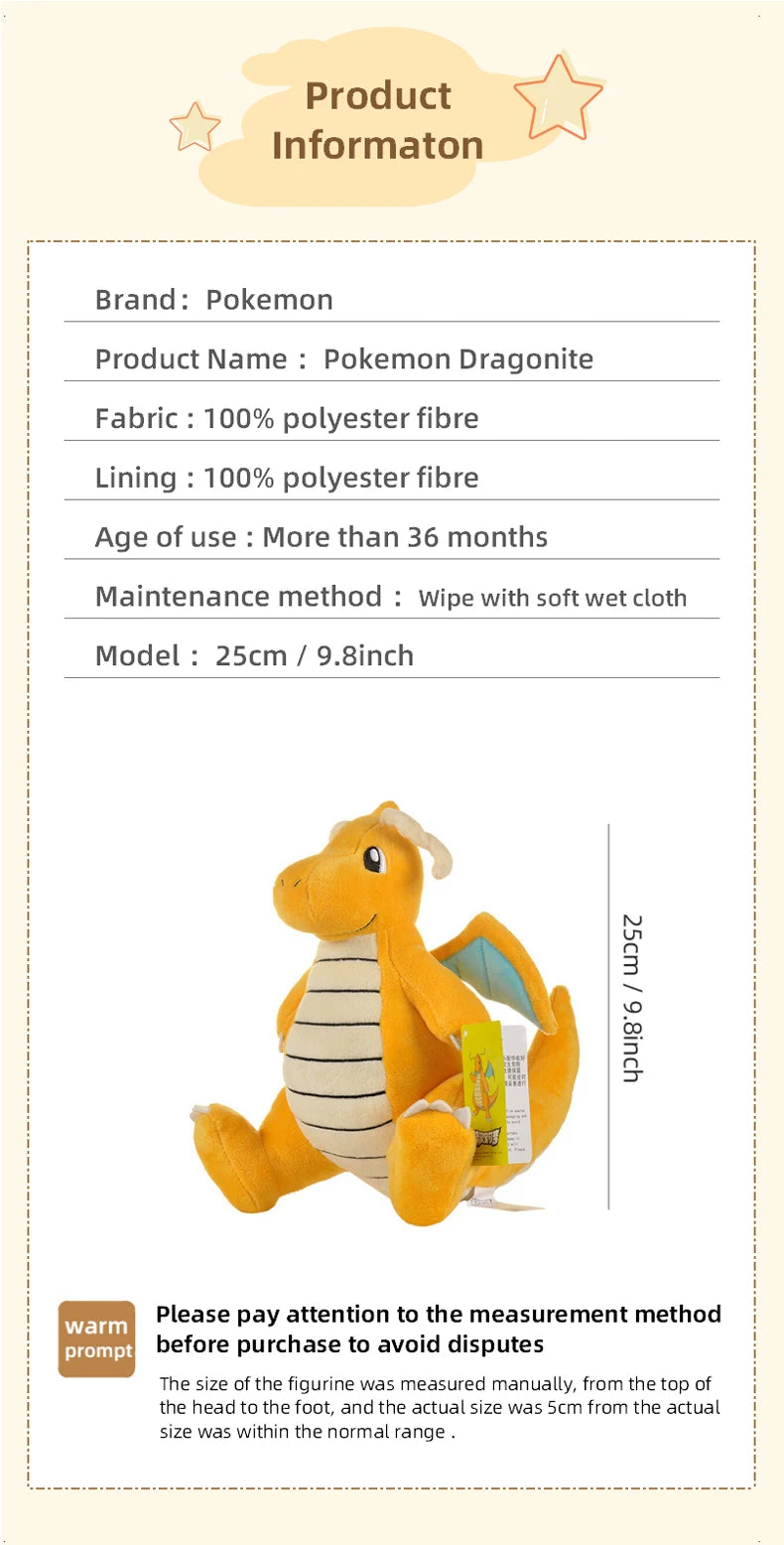 Pokemon Kawaii Dragonite Stuffed Toys Cartoon&Cute Fast Dragon Plush Dolls Throw Pillow Birthday Gift For Kids Friends Boys