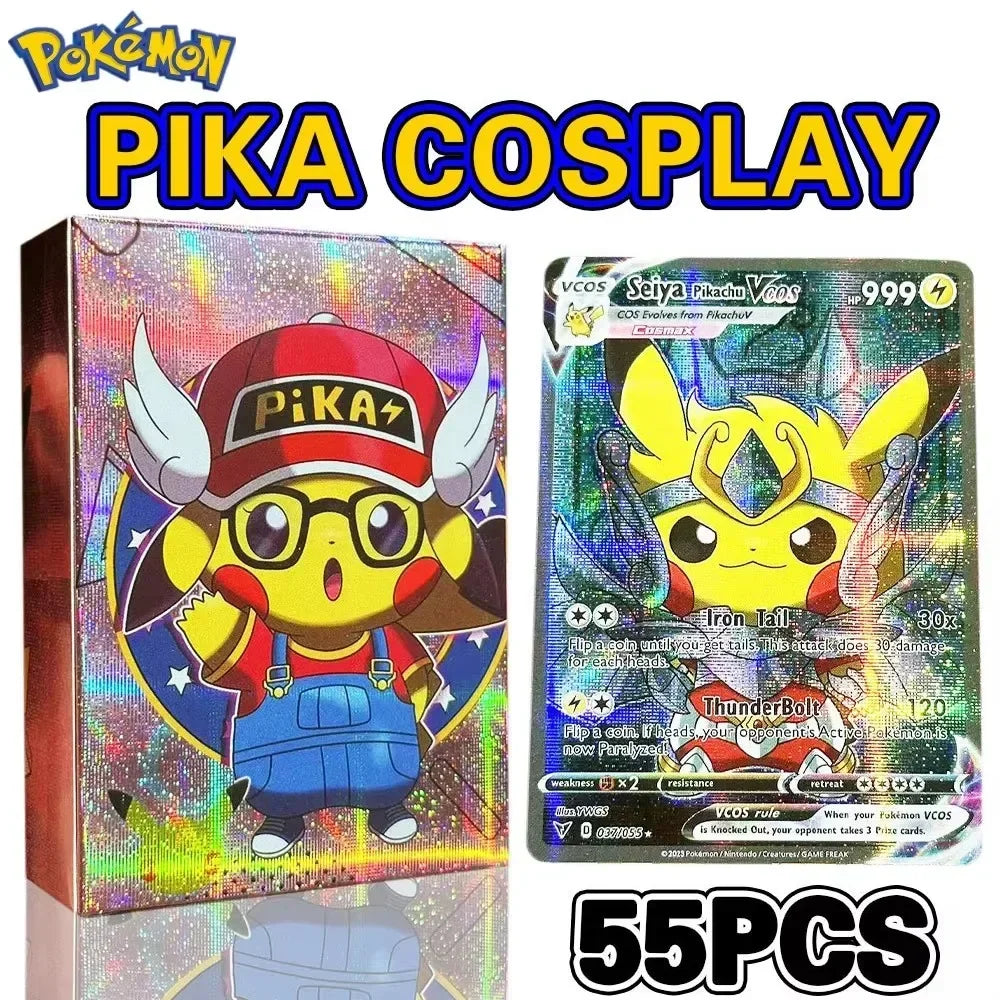 55PCS Box New Pokemon Anime Holographic Cards Pikachu Characters Cosplay English Shiny Collection Trading Card Toys Kids Gift