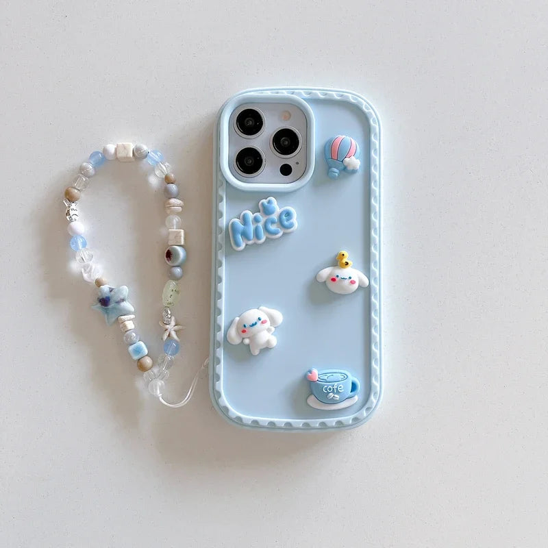 3D Cute Cartoon Sanrio Cinnamoroll Balloon bow Phone Case For iPhone 16 15 14 13 Pro Max dustproof Soft Cover With Lanyard