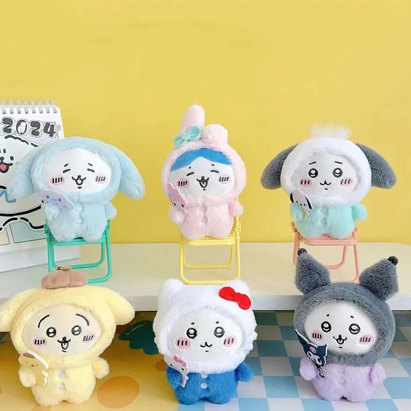 Random One Chiikawa Cosplay Sanrio Plush Doll Keychain Hello Kitty Kuromi Head Cover Usagi Cartoon Doll Keychains Bag Pendants