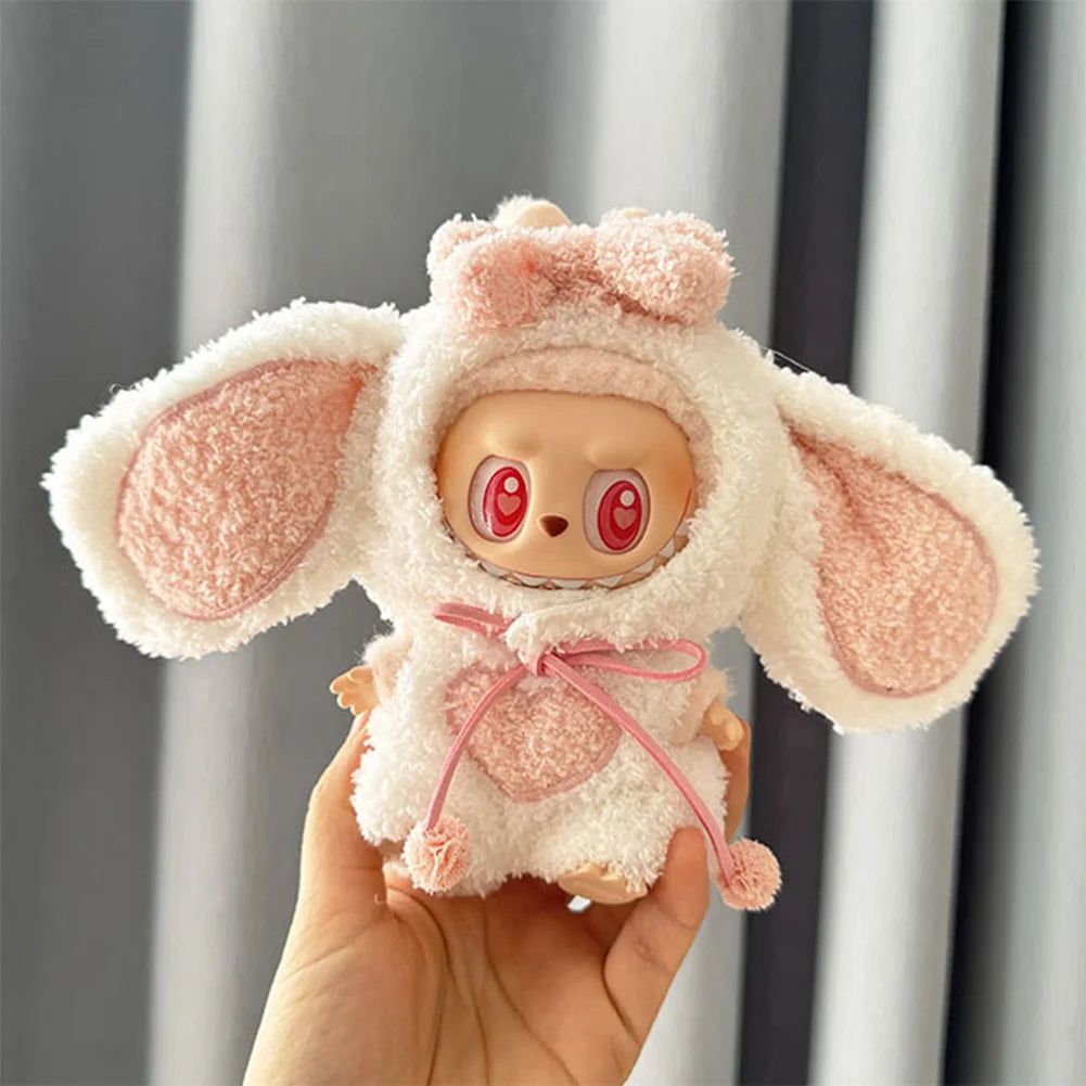 For 17cm Labubu Dolls Accessories DIY Doll Clothes Heartbeat Long Eared Furry Rabbit Costume Cartoon Dress Up Labubu Outfit