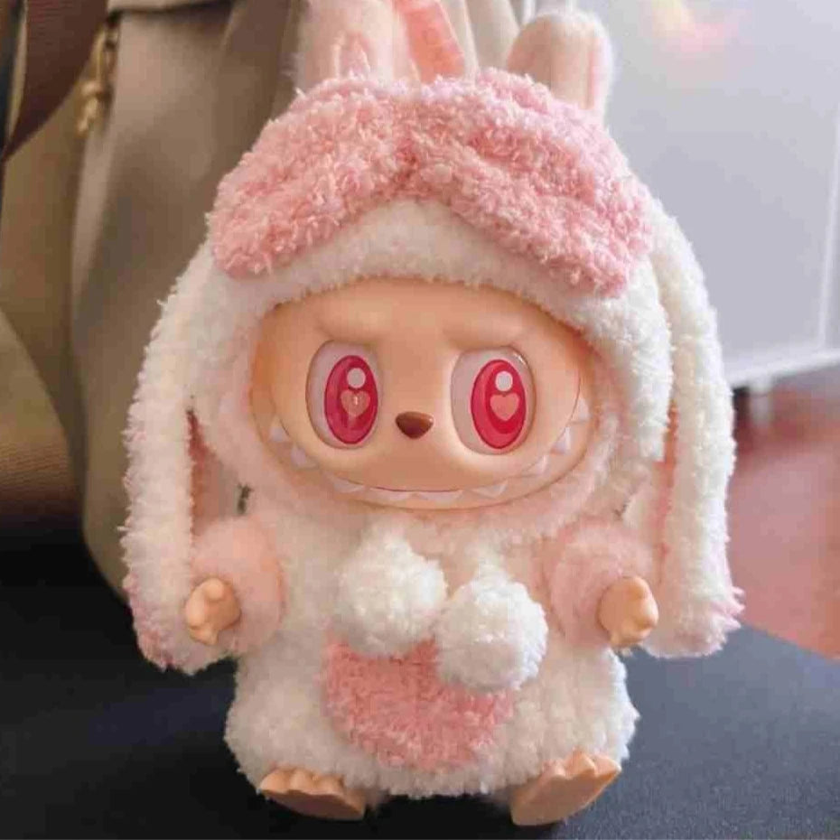 For 17cm Labubu Dolls Accessories DIY Doll Clothes Heartbeat Long Eared Furry Rabbit Costume Cartoon Dress Up Labubu Outfit