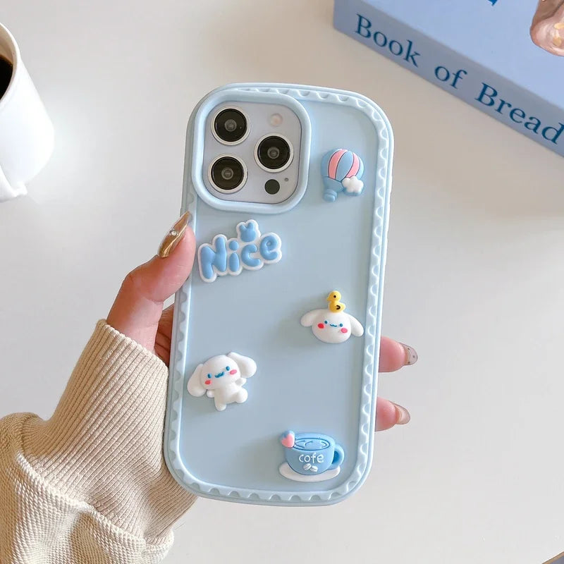 3D Cute Cartoon Sanrio Cinnamoroll Balloon bow Phone Case For iPhone 16 15 14 13 Pro Max dustproof Soft Cover With Lanyard
