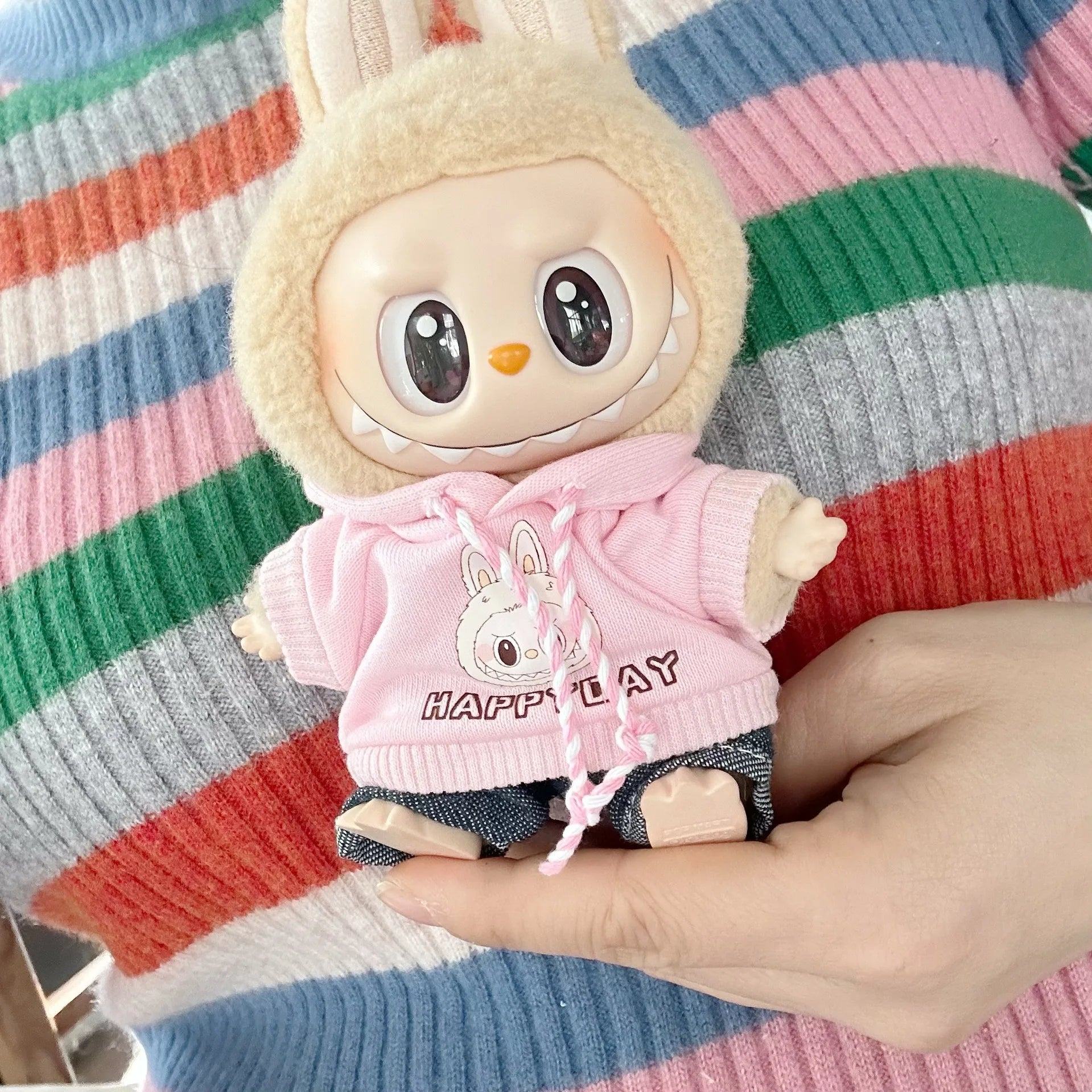 17cm Labubu I II Idol Dolls Cute Mini Plush Doll'S Clothes Korea Kpop Exo Idol Dolls DIY Accessories Gifts Bear Hoodie Set