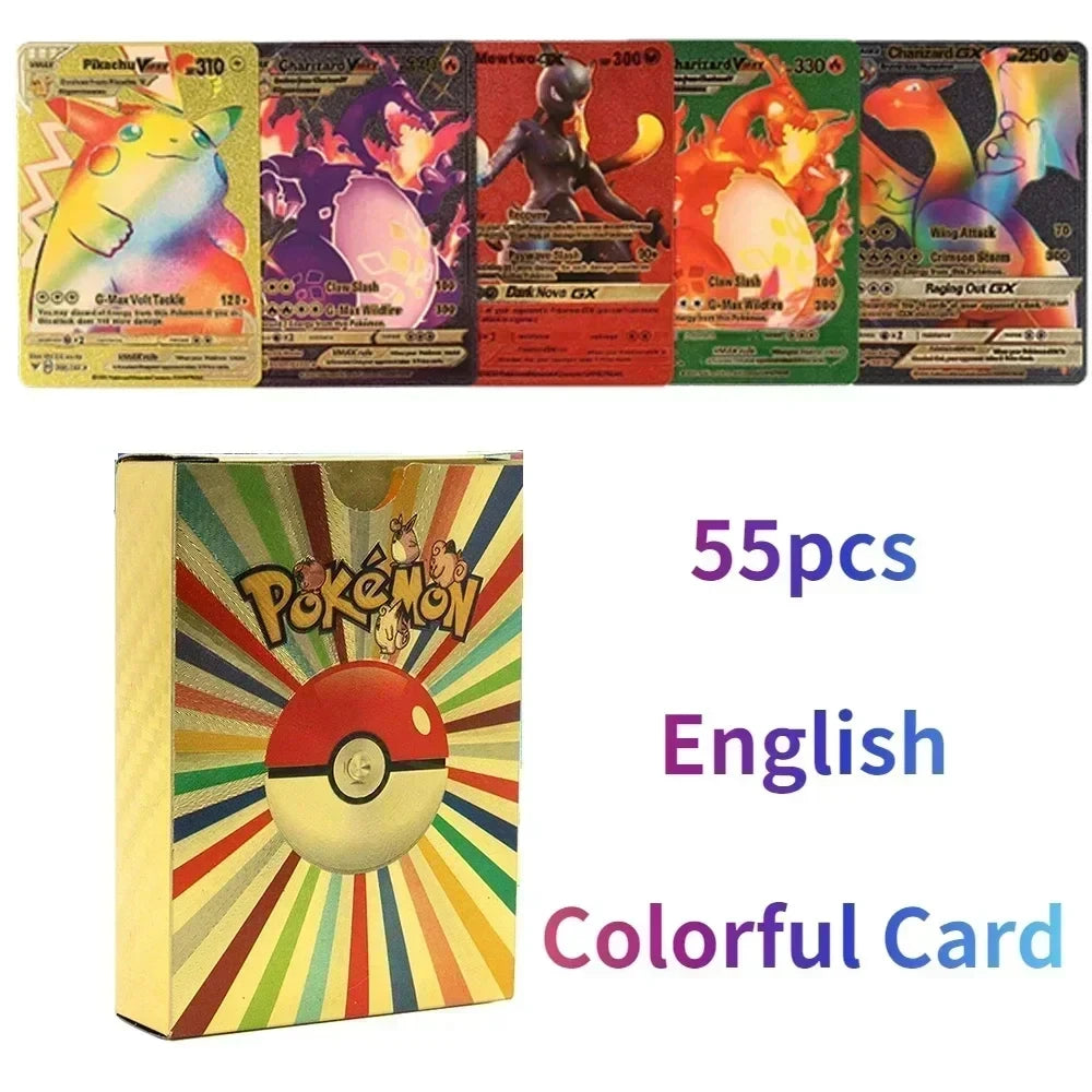Pokemon Colorful Card 55 Pcs Charizard Mewtwo Pikachu VMAX GX VSTAR Spanish English German Korean French Gold Foil Card