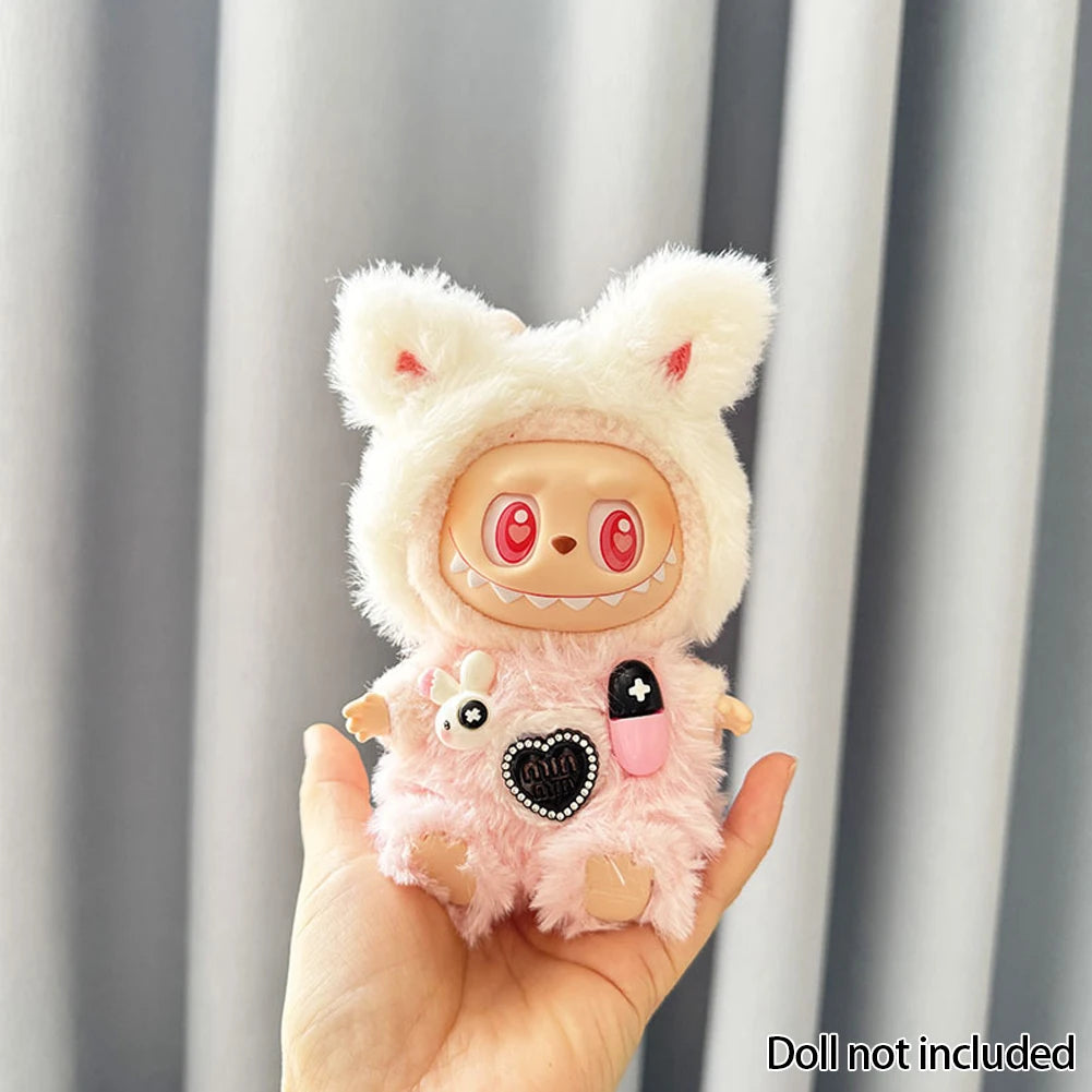 For 17cm Labubu Dolls Accessories DIY Doll Clothes Heartbeat Long Eared Furry Rabbit Costume Cartoon Dress Up Labubu Outfit