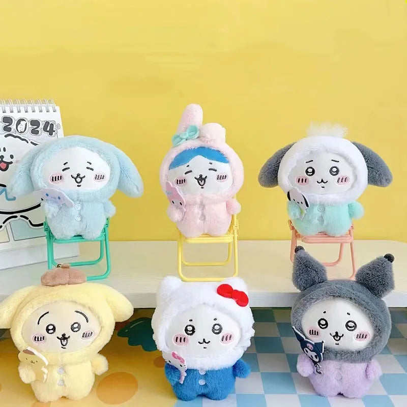Random One Chiikawa Cosplay Sanrio Plush Doll Keychain Hello Kitty Kuromi Head Cover Usagi Cartoon Doll Keychains Bag Pendants