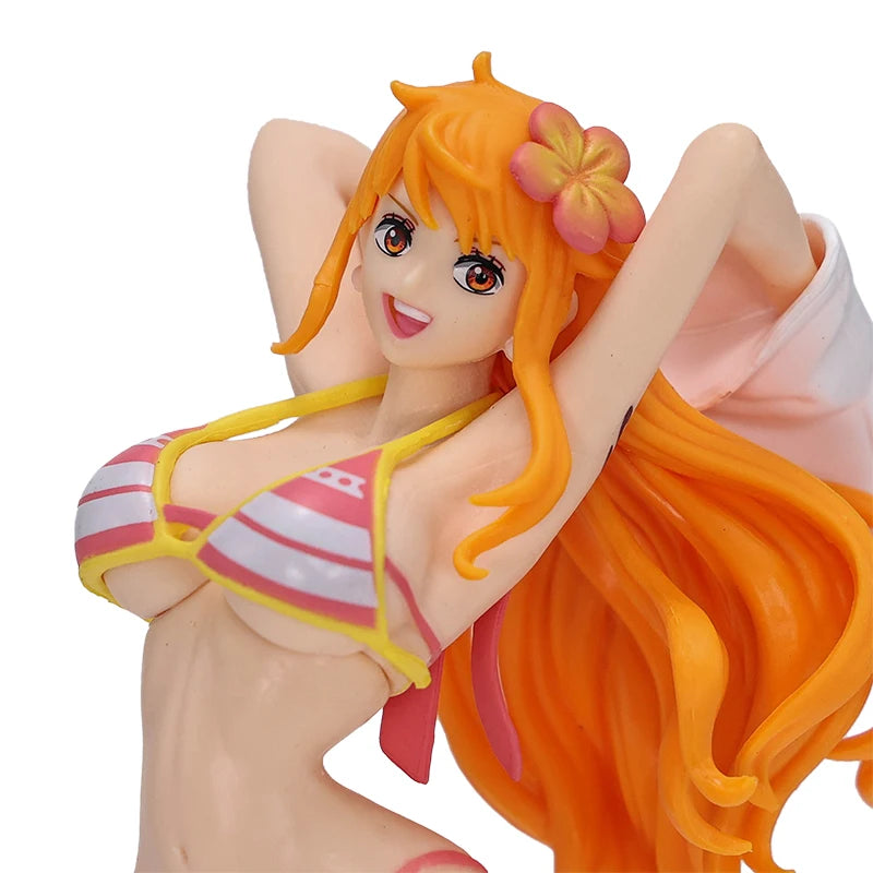 One Piece Nami Figures Anime Girl's On Vacation Beach Nami Red Green Collection Figurine Toy PVC Standing Ornament Doll