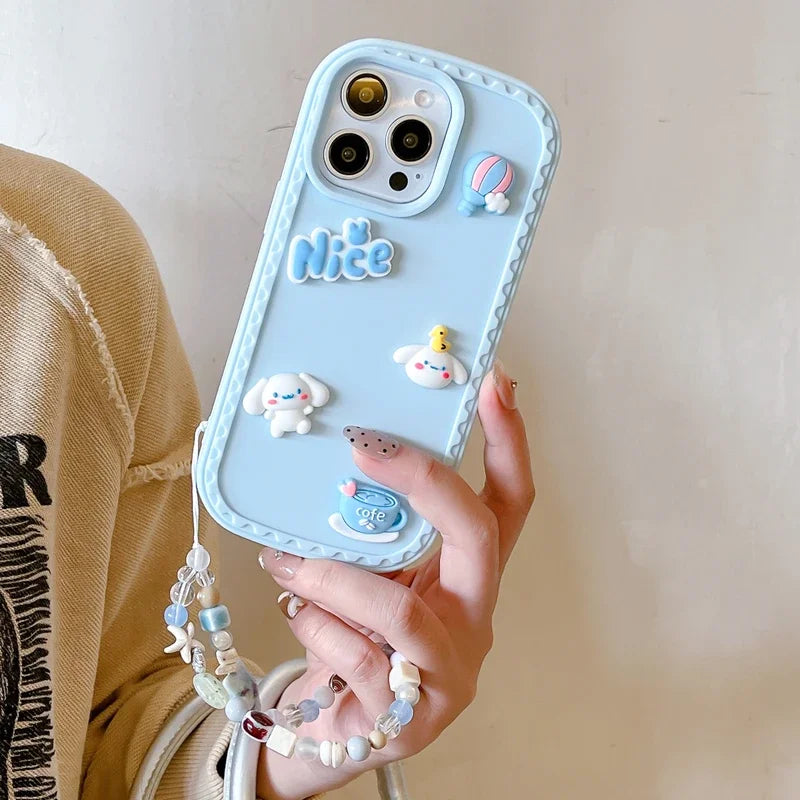 3D Cute Cartoon Sanrio Cinnamoroll Balloon bow Phone Case For iPhone 16 15 14 13 Pro Max dustproof Soft Cover With Lanyard