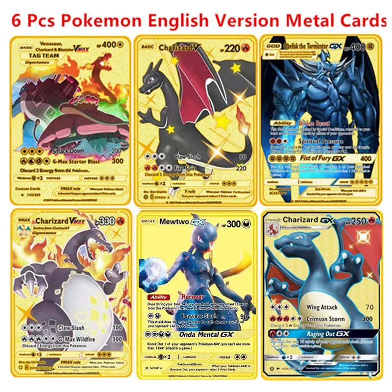 6-12 Pcs/Set  English Version Pokemon Metal Card Pikachu Anime Figure Battle Carte Trading Pocket Monster Cards Model Toy Gifts