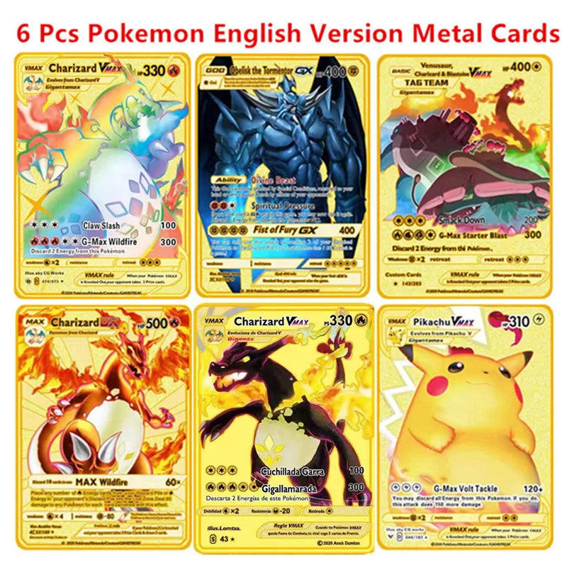 6-12 Pcs/Set  English Version Pokemon Metal Card Pikachu Anime Figure Battle Carte Trading Pocket Monster Cards Model Toy Gifts