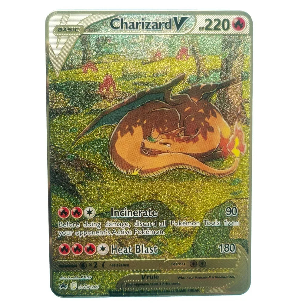 2024 Pokemon English Metal Card Anime Pikachu Charizard Mewtwo Blastoise Vmax Shiny Letters Game Collection Card Kids Toy Gifts