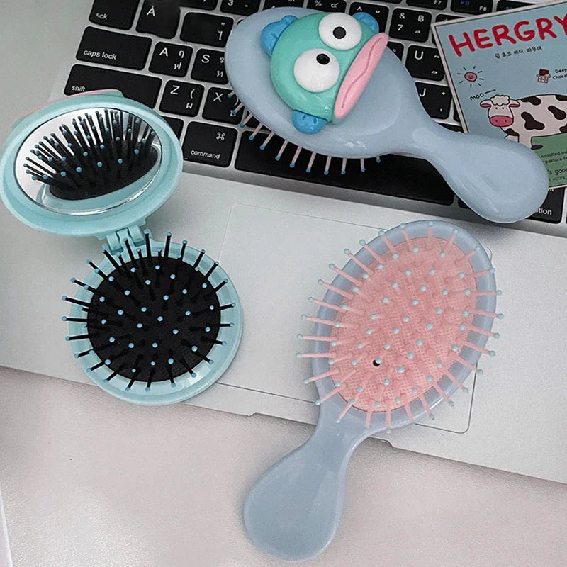 Kawaii Hangyodon Girl Air Cushion Comb Anime Sanrios Compact Portable Travel Mini Massage Mirror Folding Hair Brush Beauty Tools
