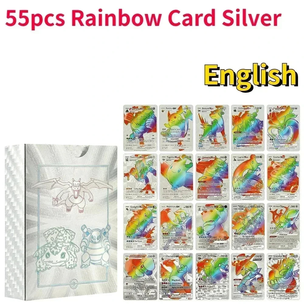 Pokemon Colorful Card 55 Pcs Charizard Mewtwo Pikachu VMAX GX VSTAR Spanish English German Korean French Gold Foil Card