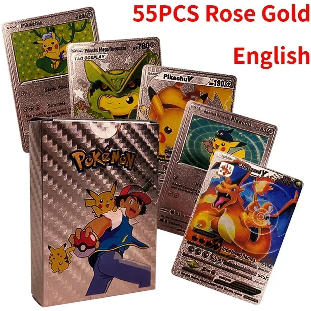 Pokemon Colorful Card 55 Pcs Charizard Mewtwo Pikachu VMAX GX VSTAR Spanish English German Korean French Gold Foil Card