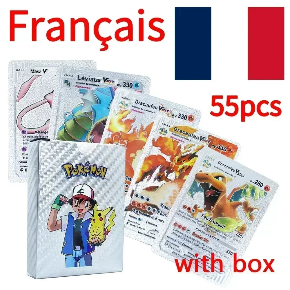 Pokemon Colorful Card 55 Pcs Charizard Mewtwo Pikachu VMAX GX VSTAR Spanish English German Korean French Gold Foil Card